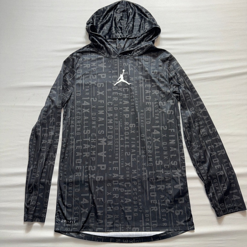 Jordan Boys‎ Dri-FIT Hooded Shirt Large Black Career Stats Graphic Hoodie